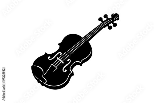 Black silhouette of a violin with strings and scroll on white background