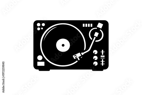 Simplistic black and white vinyl turntable icon with stylus arm
