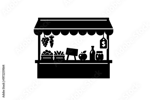 Farmers market stall silhouette with fresh produce and price tag sign