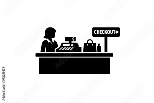 Female cashier at checkout counter icon with shopping items and sign