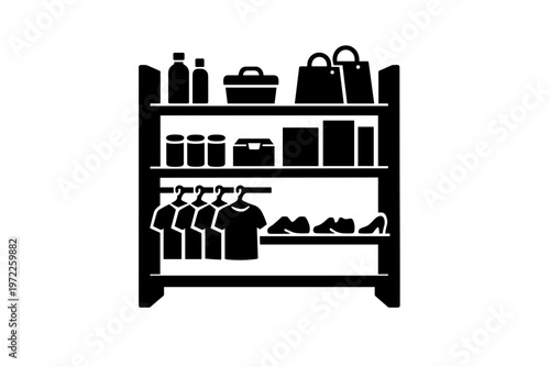 Organized closet shelves with clothing, shoes, boxes, bottles, and bags