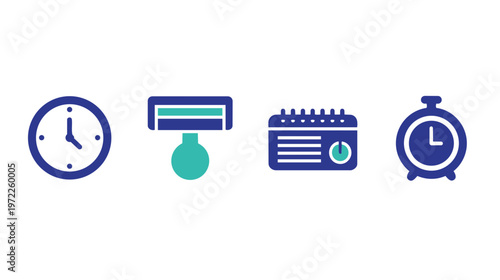 A collection of icons featuring a clock, a bulb, a calendar, and a stopwatch on a plain surface.