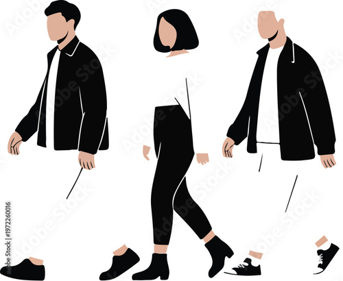 Flat monochrome illustration of stylish people in different poses with loafer sneaker and ankle boot fashion concept