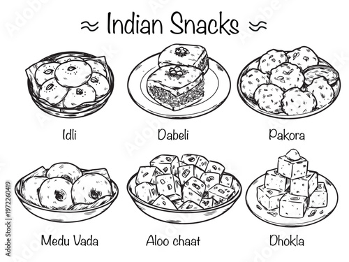 Set of hand drawn Indian snacks outline drawing illustration