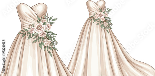 Elegant Wedding Dress with Floral Decoration Featuring Roses and Greenery on Bridal Gown Design for Fashion Illustrations, Wedding Concepts, and Romantic Event Templates