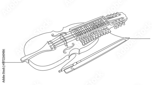 Continuous line drawing of a hurdy-gurdy musical instrument with bow