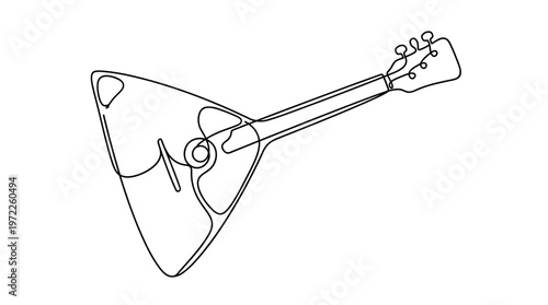 Continuous line drawing of a traditional balalaika, a unique Russian musical instrument, depicting its triangular form with elegant simplicity for creative design projects
