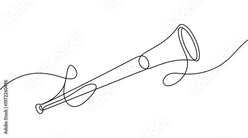 Elegant continuous line art drawing capturing the graceful form of a classical wind instrument, symbolizing music and harmony in a minimalist vector style illustration