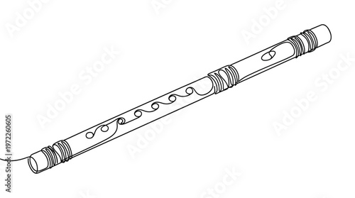 A simple continuous line drawing of a wooden flute with decorative swirls on its body