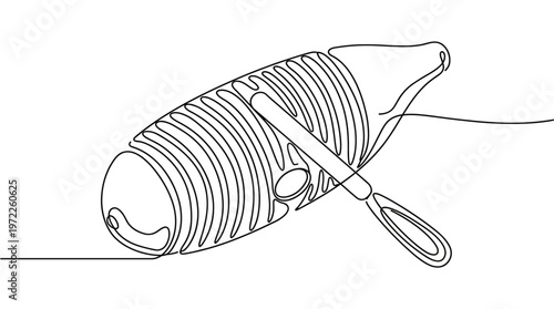 Elegant one-line illustration of a vintage boat or canoe, featuring a simple oar, evoking the timeless spirit of water travel and traditional craftsmanship