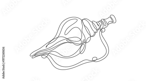 A captivating minimalist line art illustration showcasing the unique spiral beauty of a natural conch shell, rendered with a single, continuous stroke for an elegant and simple aesthetic