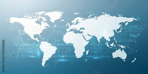Global Technology World Map with Digital Network Connections, Data Visualization and Futuristic Interface Elements for Business, Communication, Analytics, and Innovation Design Projects