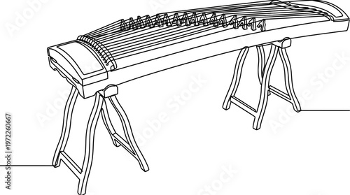 Vector line art illustration of a traditional stringed instrument, a long plucked zither with multiple strings resting on its supports, symbolizing rich cultural heritage and classical music