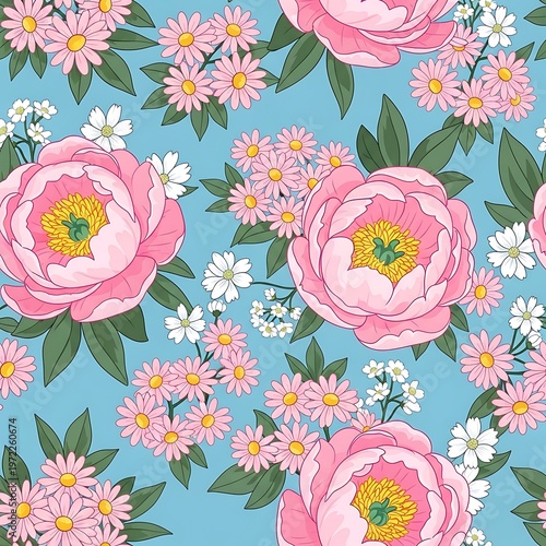 Seamless Floral Pattern with Vibrant Pink Peonies and Daisy Flowers on a Serene Blue Background, Ideal for Textile and Design Projects