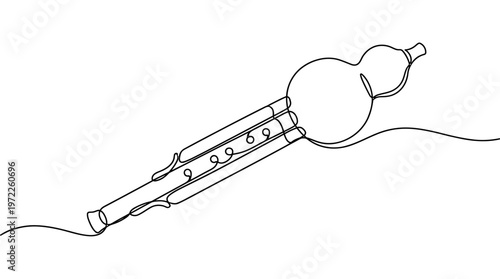 Continuous line drawing of a traditional Chinese wind instrument, the hulusi, showcasing its unique gourd shape and finger holes for creating melodic sounds
