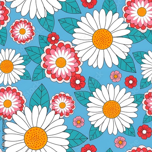 Vibrant Daisy and Floral Bloom Seamless Pattern on Blue, Perfect for Summer Textile Design and Retro Decor