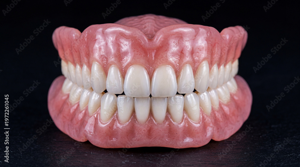 Obraz premium Full Dentures Upper Lower Plate Close Up Realistic Gum Pink Teeth White