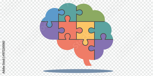Colorful Brain Jigsaw Puzzle Mental Health Concept Isolated on Transparent Background