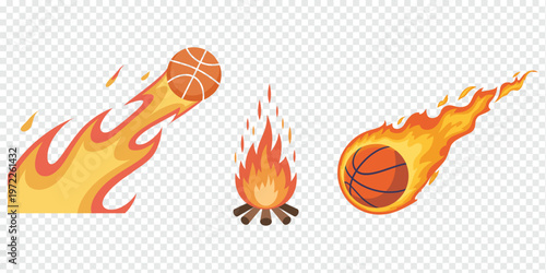 Flaming Basketball and Campfire Elements Sports Fire Concept Isolated on Transparent Background
