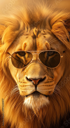 Close-up portrait of a lion wearing sunglasses with a warm golden color palette and shallow depth of field on a plain white background.