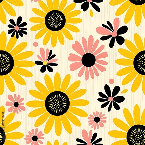 Sunny Floral Seamless Background with Stylized Blossoms in a Cheerful Retro Style