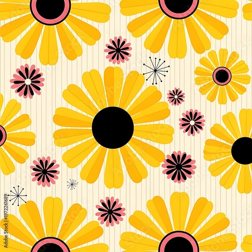 Abstract floral pattern with yellow daisies and pink accents on a light background