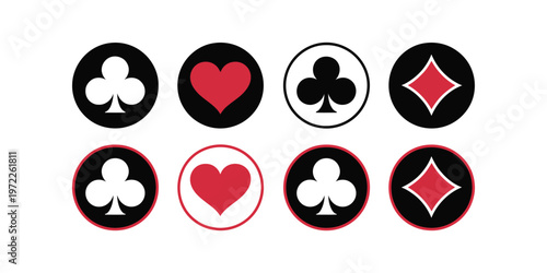 Playing Card Suits Icons Hearts Diamonds Clubs Spades Casino Chips Vector Set