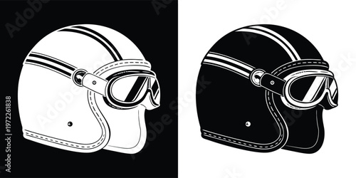 Vintage style open face motorcycle helmet design shown in contrasting black and white negative space illustrations side by side.