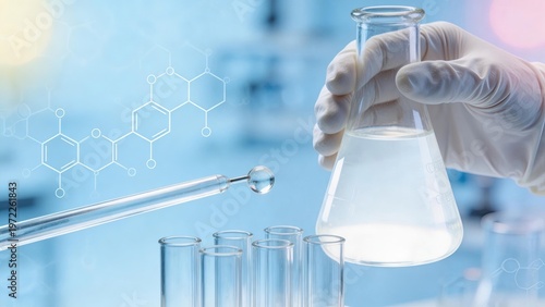 Scientist hand in latex glove holding glass flask with clear liquid pipette dripping water drop into test tubes chemical structure overlay laboratory research pharmaceutical