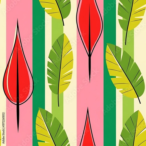 A vibrant seamless pattern of stylized tropical leaves and bold vertical stripes