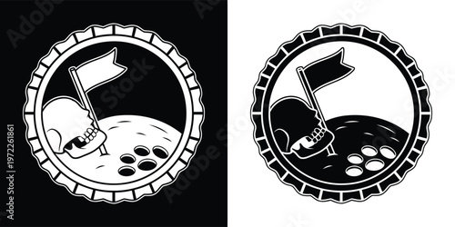 An artistic monochrome emblem features a human skull and a small flag planted on a cratered lunar surface, encircled by a jagged bottle cap border.