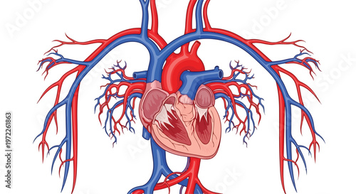 Detailed illustration of the human heart with arteries and veins showing blood circulation system