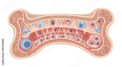 Detailed cross-section illustration of human bone marrow showing hematopoietic stem cells and blood vessels