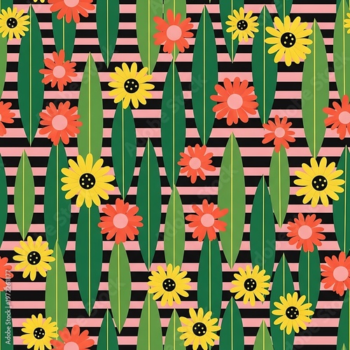 Seamless Pattern of Vibrant Floral and Leaf Motifs on Striped Background