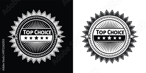 Collection of vintage distressed black and white seal badges featuring five stars and the text top choice available for download.