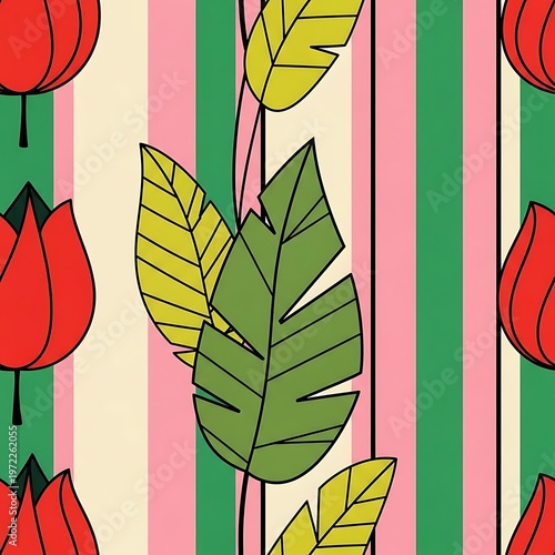 Tropical floral pattern with bold stripes and vibrant colors