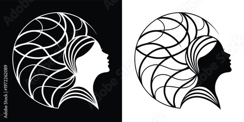 Abstract black and white vector silhouette design of a woman's profile featuring elaborate, swirling, patterned hair flowing outwards