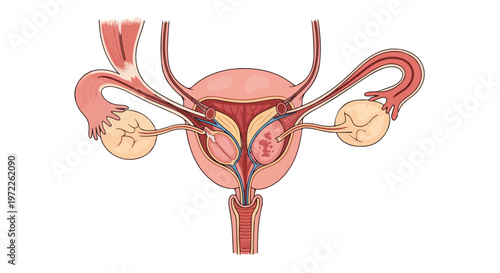 Anatomical illustration of the female reproductive system including ovaries, fallopian tubes, uterus, and cervix