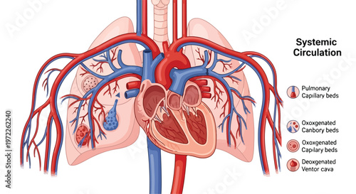 Detailed anatomical illustration of the human circulatory system showing the heart, lungs, and major blood vessels