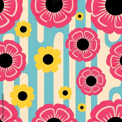 Vibrant Seamless Floral Pattern Featuring Pink and Yellow Flowers on Blue and Beige Stripes