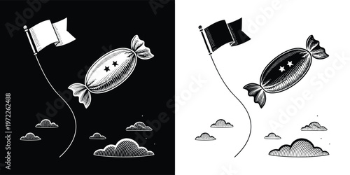 Whimsical illustration of a sweet candy blimp with stars, flying a flag through stylized clouds, symbolizing joyful dreams, personal journey, achievement, and freedom.