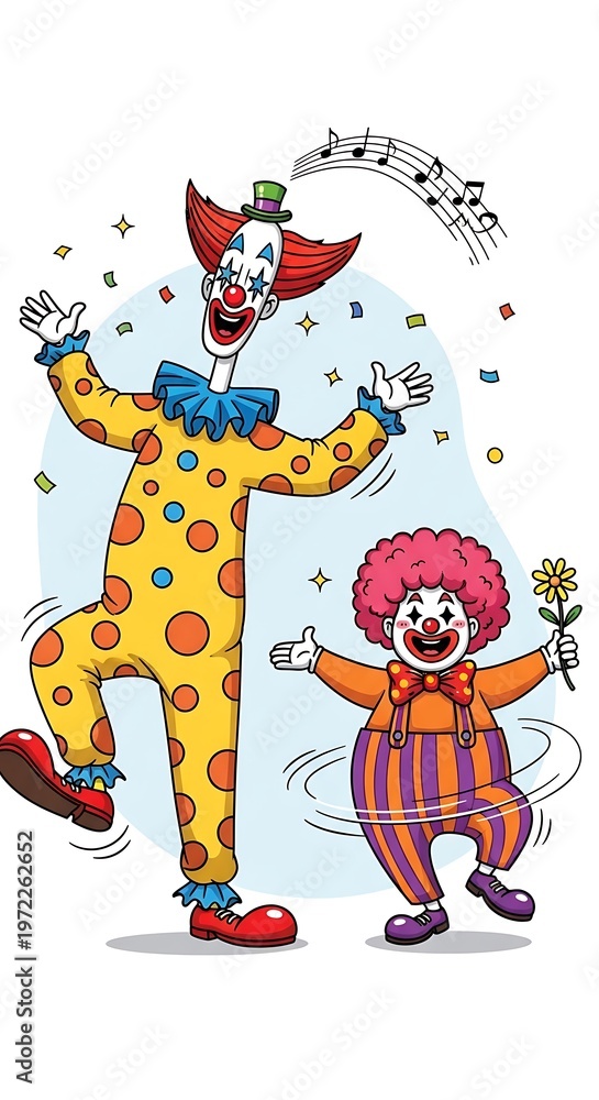 Naklejka premium Joyful Clowns Dancing Merrily with Confetti and Musical Notes, Celebrating a Festive Performance.