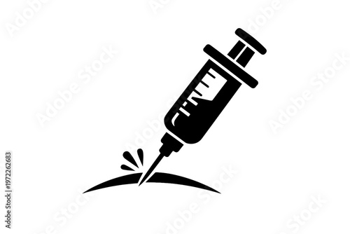 Syringe icon injecting liquid symbolizing medical treatment on white background