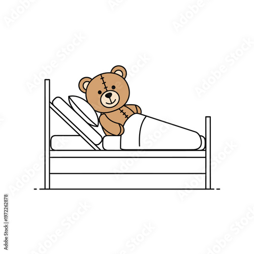 Cute teddy bear relaxing in bed with a pillow and blanket illustration.