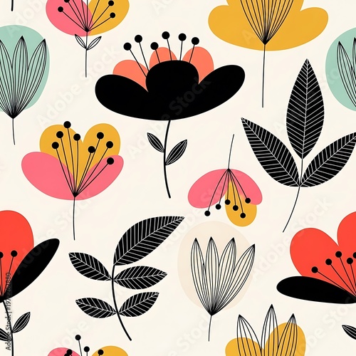 Whimsical floral pattern with abstract colorful blossoms and leaves on a cream background