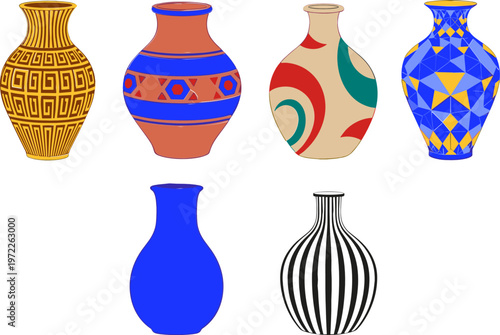 Set of Decorative Ceramic Vases with Abstract and Geometric Patterns for Pottery, Home Decor, and Artistic Graphics