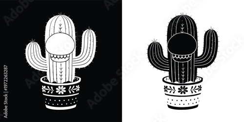 A whimsical, friendly cartoon cactus plant with decorative details and a smiling face, cheerfully potted, presented as a striking black and white vector illustration.