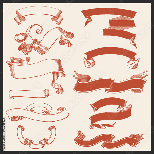 Vintage Ribbon Scroll Banners Set – Engraved & Decorative Label Elements