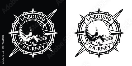 Striking black and white vector graphic featuring a human skull overlaid on a navigational compass rose design labeled unbound journey