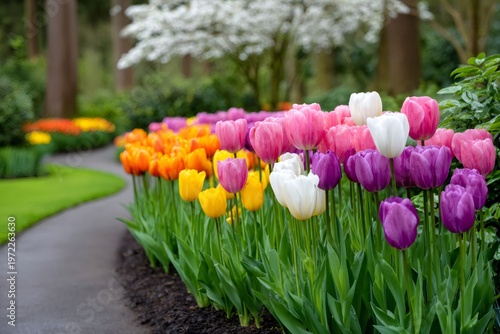 Colorful tulips blooming along garden path in spring